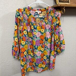 Umgee Colorful Floral Smocked Blouse